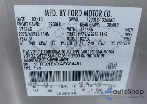 2010 Ford F-150 Fx4/Lariat/Xl/Xlt from USA, damaged, VIN 1FTFX1EVXAFC04481